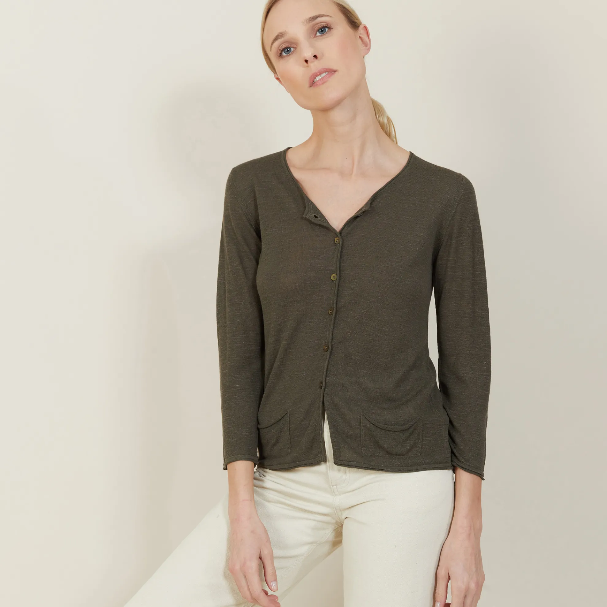 Maison Montagut Cardigan A Poches En Lin Flamme - Bao>Femme Vestes Et Gilets