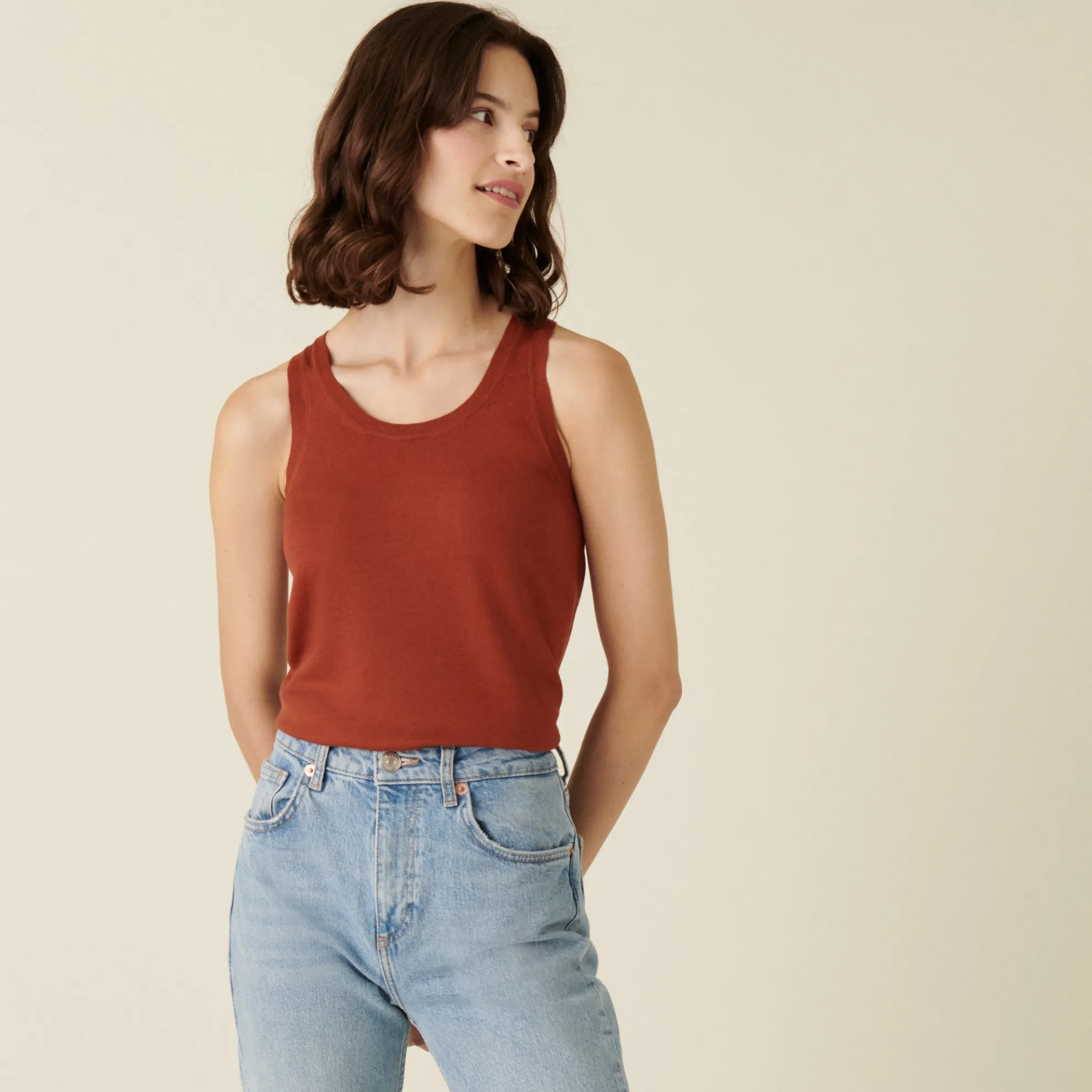 Maison Montagut Debardeur Col Rond A Point Jersey En Laine Merinos - Antenia>Femme Débardeurs