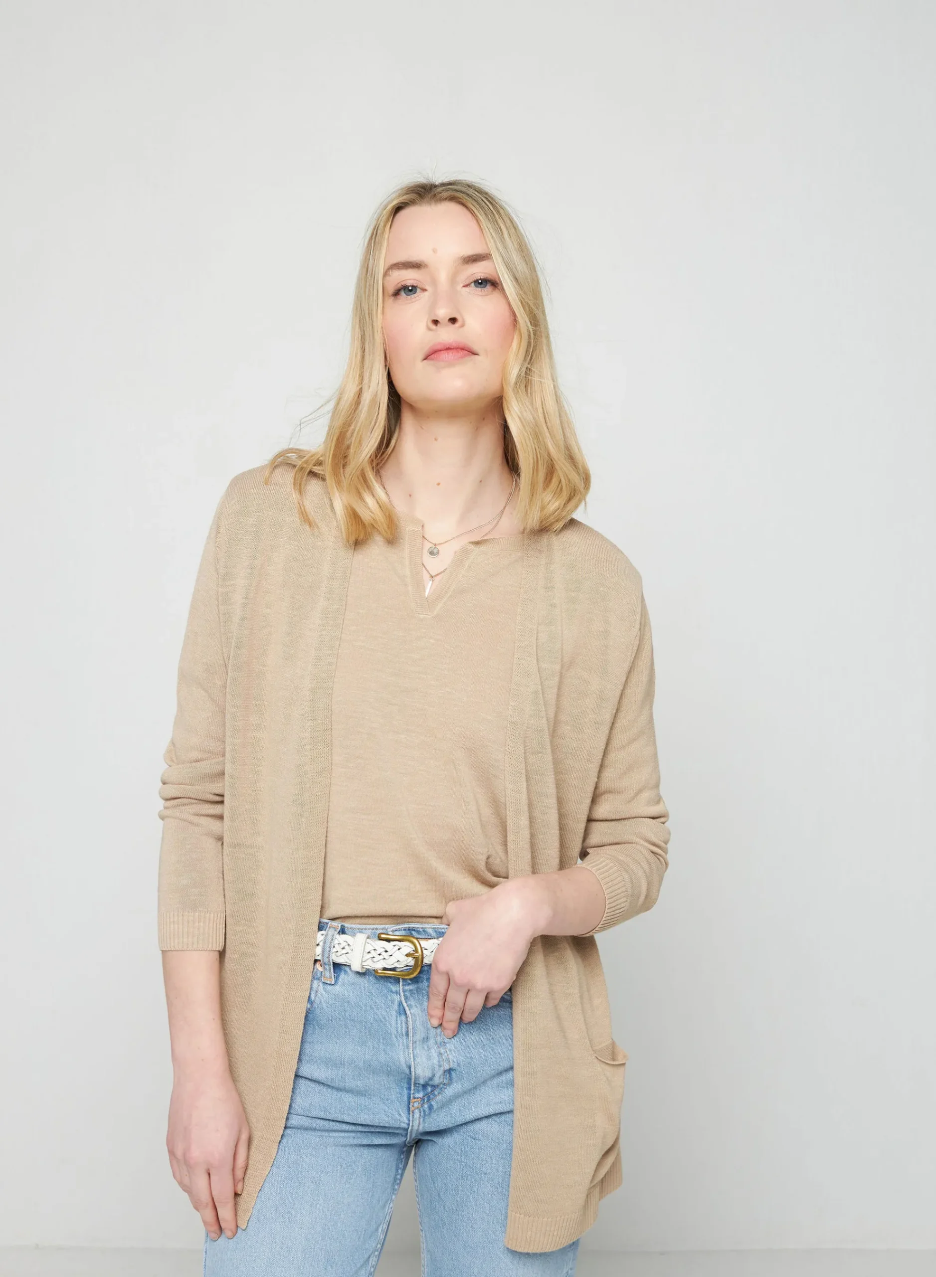 Maison Montagut Gilet Long Avec Poches En Lin Flamme - Tabata>Femme Vestes Et Gilets