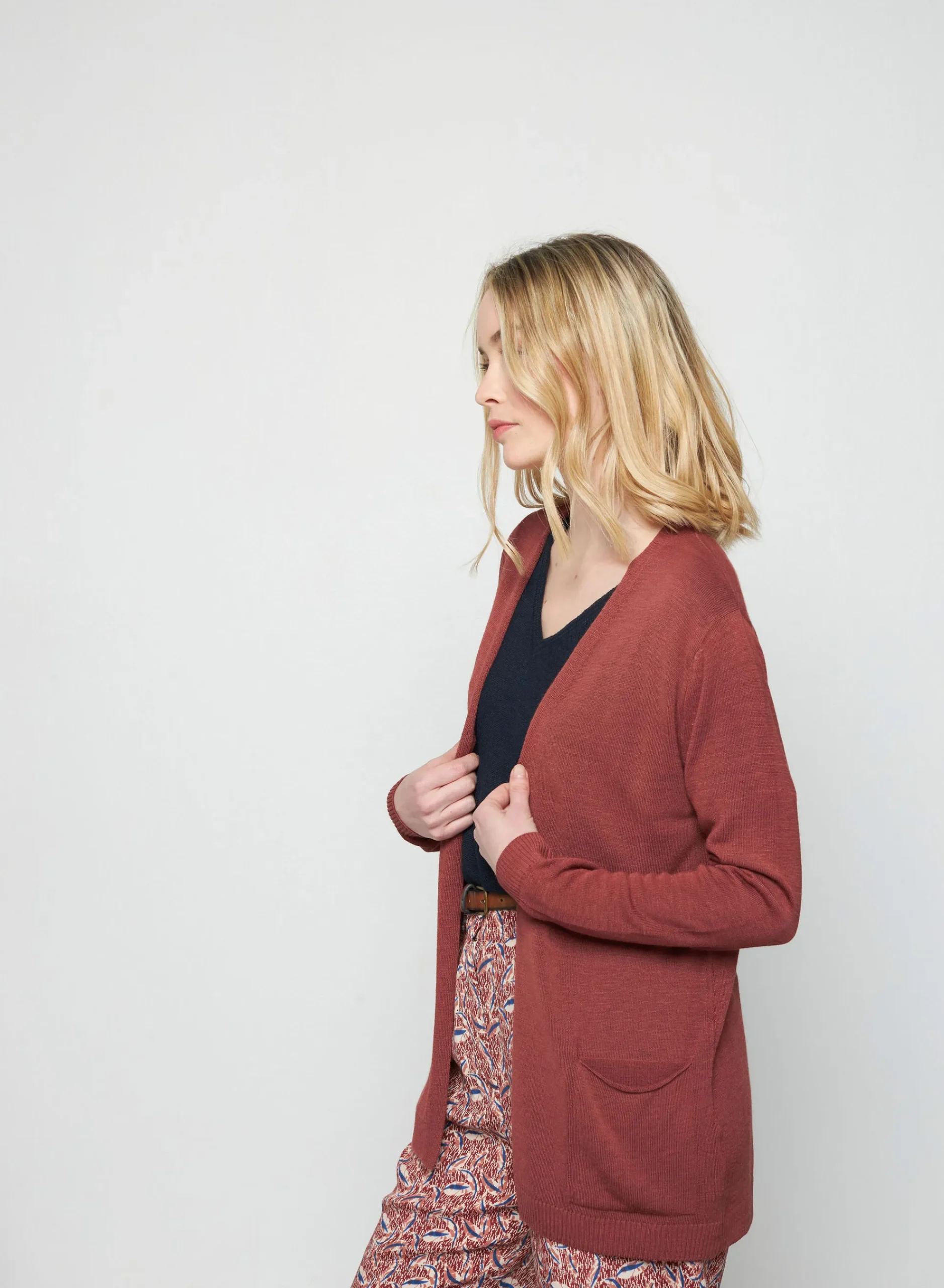 Maison Montagut Gilet Long Avec Poches En Lin Flamme - Tabata>Femme Vestes Et Gilets