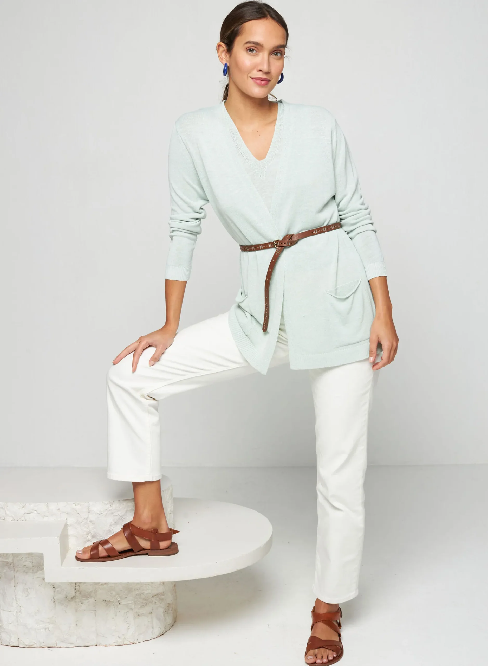 Maison Montagut Gilet Long Avec Poches En Lin Flamme - Tabata>Femme Vestes Et Gilets