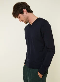 Maison Montagut Pull Col V Avec Logo En Laine Merinos - Elmo><noscript><img width=