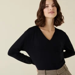 Maison Montagut Pull Col V En Laine Merinos Finitions Bord Cotes - Arya><noscript><img width=