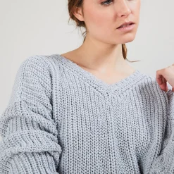 Maison Montagut Pull Col V En Maille Cotelee - Bulle><noscript><img width=