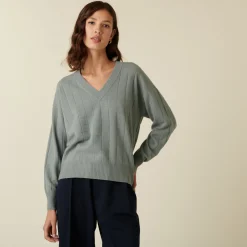 Maison Montagut Pull En Cachemire Col V En Jeu De Maille Quadrille - Canelle>Femme Pulls
