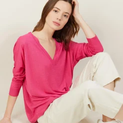 Maison Montagut T-Shirt Ample Col V En Lin Flamme - Beja><noscript><img width=