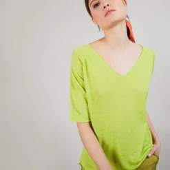 Maison Montagut T-Shirt En Lin Flamme Manches Coudes - Bonbon><noscript><img width=