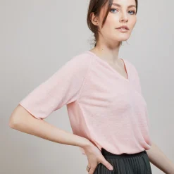 Maison Montagut T-Shirt En Lin Flamme Manches Coudes - Bonbon><noscript><img width=