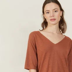 Maison Montagut T-Shirt Manches Coudes En Lin Flamme - Bonbon>Femme T-Shirts